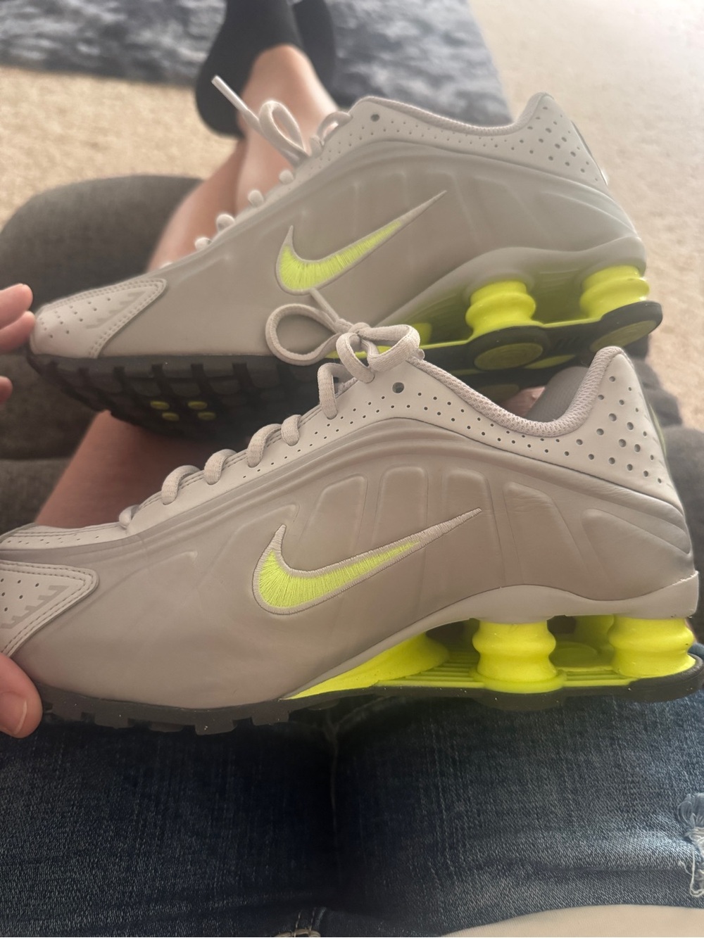 Nike Kids Grey and Neon Yellow Shox Sneakers